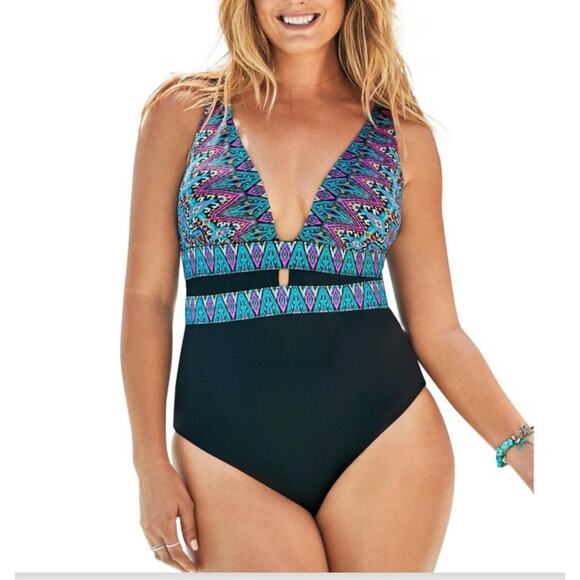 NWT Swimsuits for All Women Plunge One Piece Multi Blue Aztec - Plus Size 18 - Picture 1 of 11